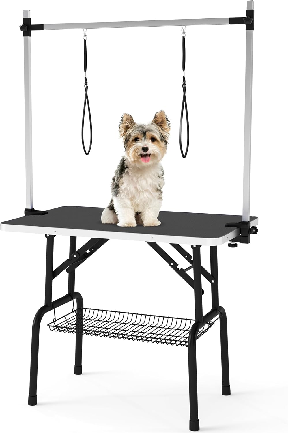 DWVO 36'' Dog Grooming Table, Foldable Pet Grooming Table with Adjustable Arm, Loop, and Mesh Tray, Non-Slip Portable Dog Bathing Station, Pink