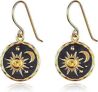 Sun and Moon Dangle Earrings for Women Vintage lightweight Antiqued Gold Round Coin Earrings Jewelry