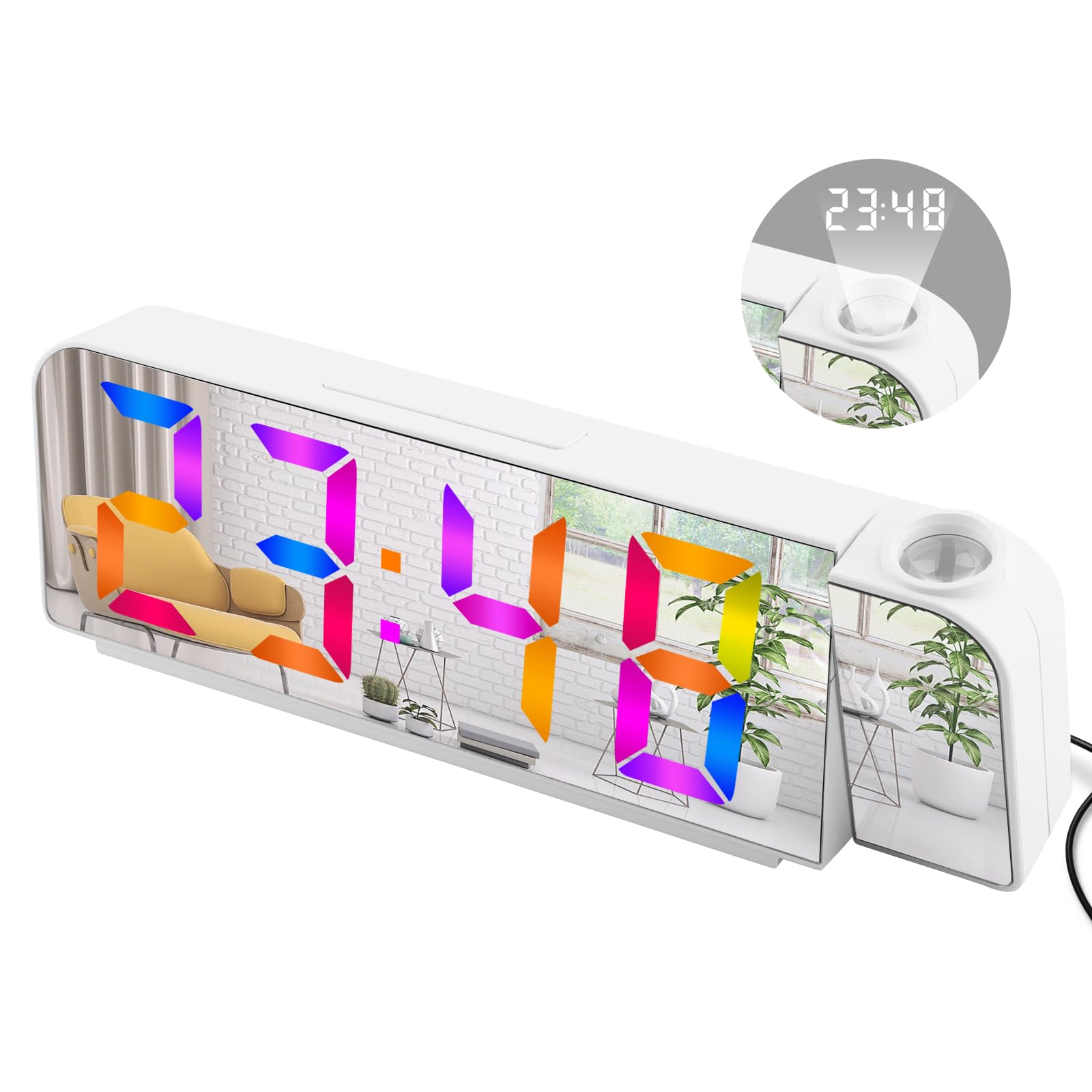 JuboosProjection Alarm Clock, Led Digital Alarm Clock with 180 ° Rotatable Projector with USB Charging and Memory Battery, Adjustable Snooze, 12/24h, 3-Level Brightness Dimmer, Button Mute