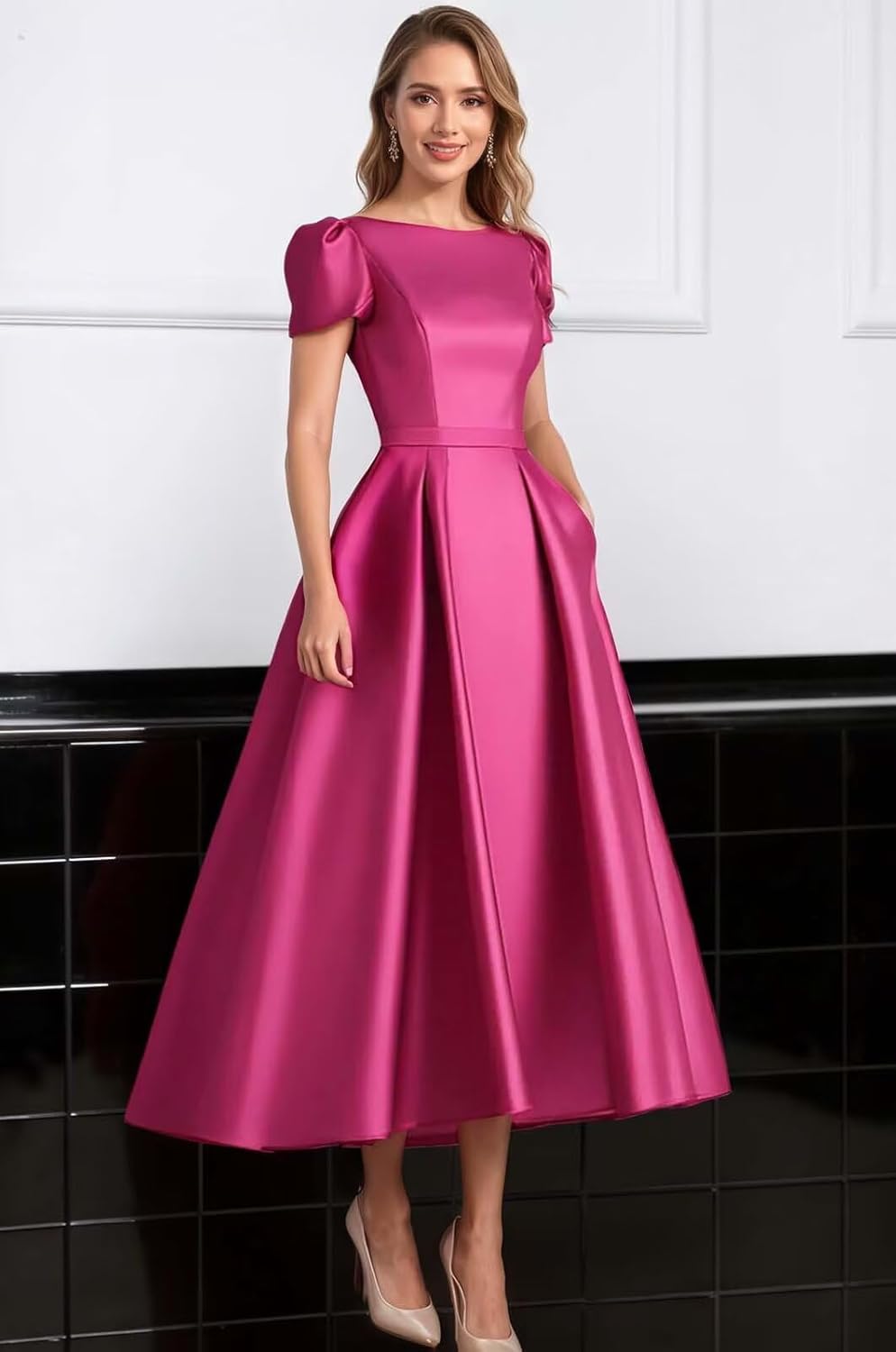 Mollyevers Formal Satin Mother of The Bride Dresses for Women Tea Length A Line Wedding Guest Dress with Sleeves