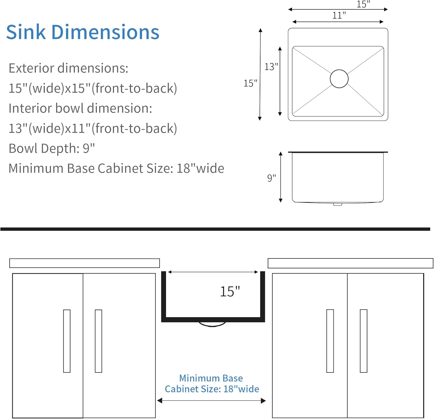 15 Inch Drop In Kitchen Sink - PRUSSIA 15x15 Small Bar Sink 16 Gauge Stainless Steel Single Bowl Topmount Handmade Prep RV Sink