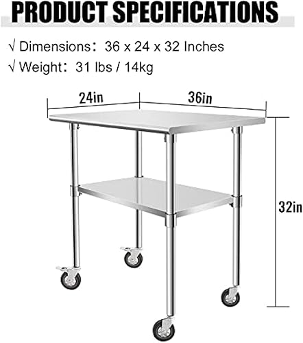 Miniatura 2 de Mesa de trabajo y preparación de acero inoxidable con ruedas giratorias y debajo del estante para restaurante, hogar, hotel, 36 x 24 pulgadas
