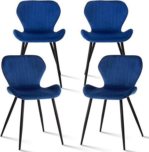 Juego de 4 sillas de comedor de terciopelo modernas, asiento tapizado cómodo, respaldo alado, patas de metal para dormitorio, comedor, sala de