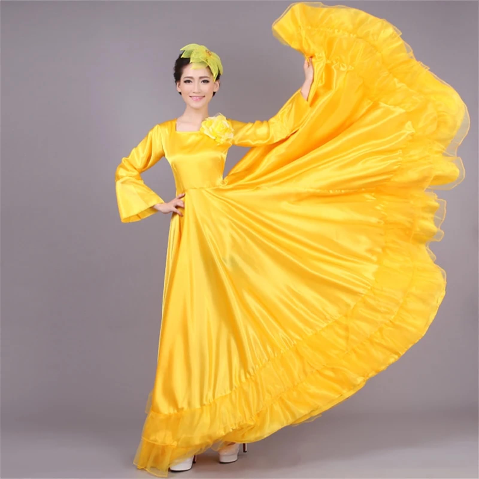 Vestido de baile flamenco 360/540/720 grados for mujer, con abertura salón, falda vuelo grande, traje actuación coro for escenario para Bailar Flamenco