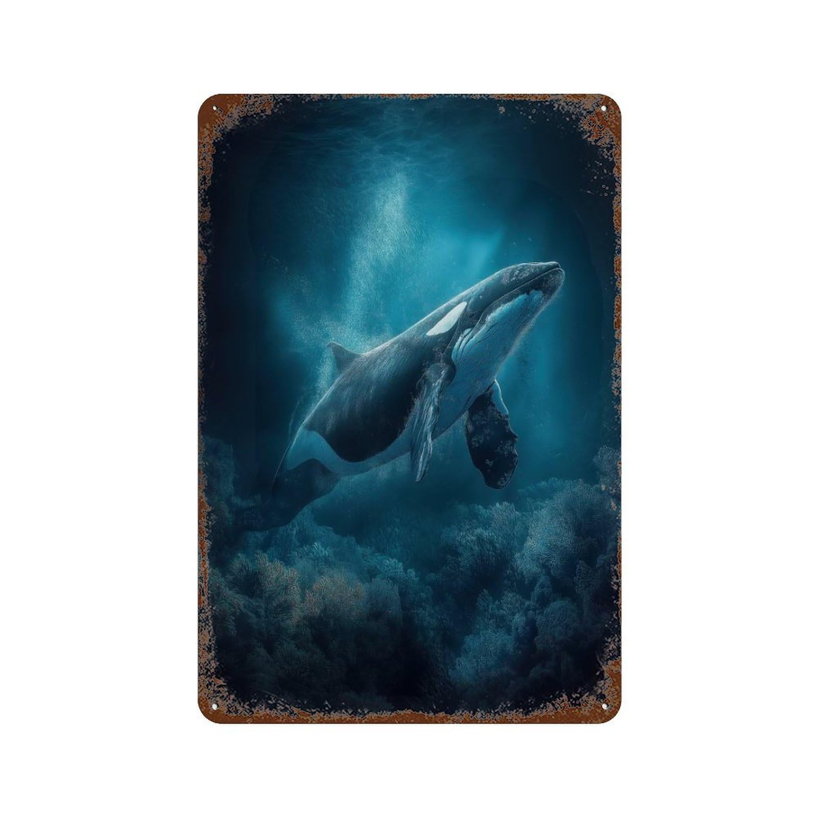 Rustic Tin Plaque with Orca in The Deep Blue Sea Design 11.8"x7.9", for Cafe, Home Bar And Lounge Decor, Novelty Wall Decor