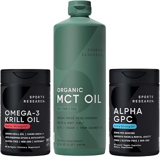 Sports Research® Brain Fuel Pack - Extra Strength Alpha GPC 630mg + Omega-3 Krill Oil 1000mg + Organic MCT Oil (C8, C10, C12)