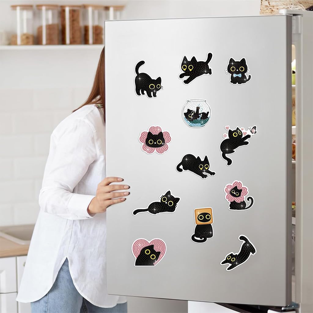 HASTHIP® 12 Pcs Cat Diamond Art Fridge Magnet DIY Kit for Kids Adults-picture-24