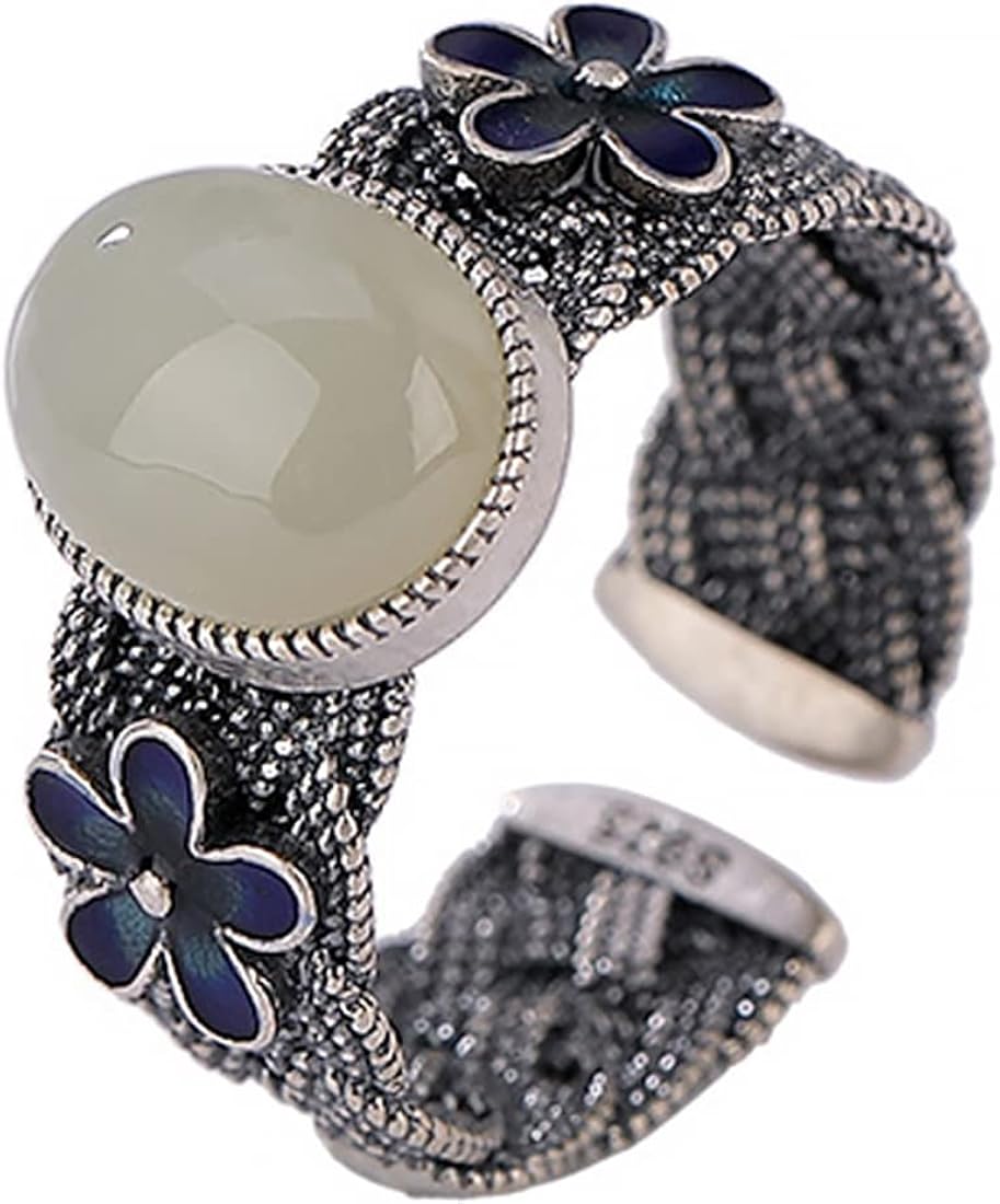 Amazon | 翡翠の指輪、レトロ925純銀の花の指輪編み込みオープン調節