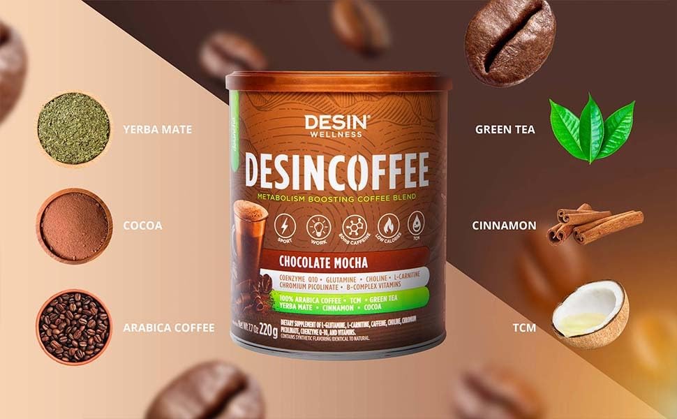 Miniatura 2 de Desincoffee- Café instantáneo con sabor a moca de chocolate 100% café arábigo, té verde, yerba mate, canela y cacao bajo en calorías, sin soja y sin