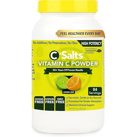 C-Salts Buffered Vitamin C Powder Lemon Lime, High Dose Ascorbate Supplement for Immune Support, Calcium, Magnesium, Zinc, Potassium, Gentle on Stomachs, Organic Non-GMO, No Sugar or Sodium, 8 oz
