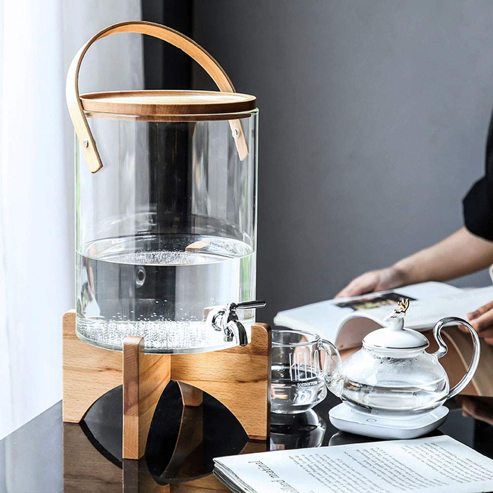 Distributore Acqua Domestico e Ufficio, Contenitore in Vetro con Supporto di Legno, Dispenser Bevande Bibite Caraffa Barattolo Mason Jar, 2.8/6.6 Litri Capacità2.8L