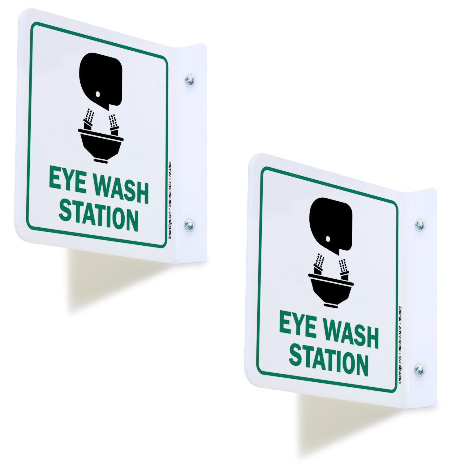 SmartSign Letrero de proyección de estación de lavado de ojos, 6 x 6 pulgadas, acrílico pulido de dos caras con flecha hacia abajo, verde, negro y blanco (2 unidades)