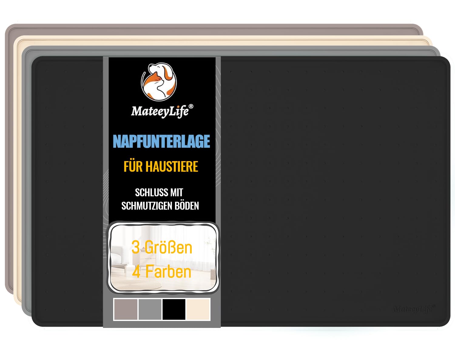 MateeyLife Silikon Napfunterlage Katzen & Hund, Katzennapf Unterlage Hundenapf rutschfest, wasserdichte Unterlage Futtermatte Hund, Futterunterlage Katz Groß, Mittle und Klein, 56x36cm, Schwarz
