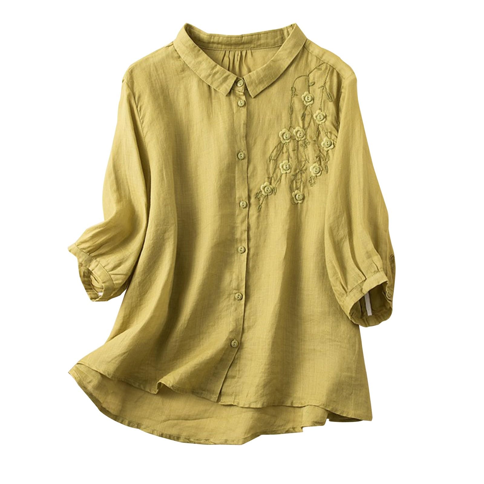 Women Linen Button Down Short Sleeve Shirts Summer V Neck Loose Tops Fashion Trendy Casual Clothes