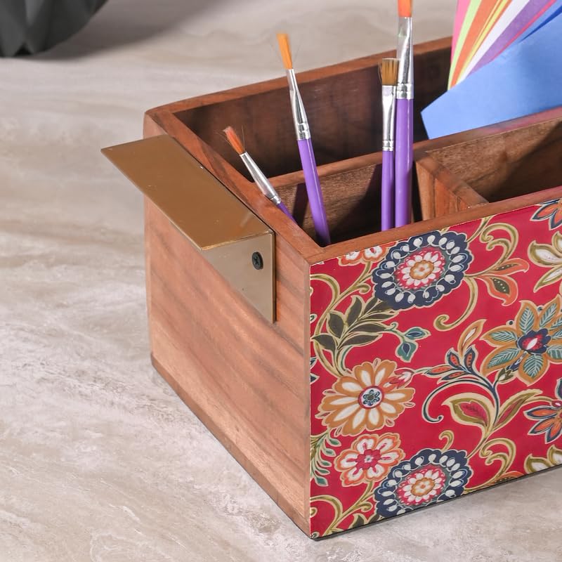 Image of Wooden Cutlery Holder for Kitchen - Handcrafted Floral Design with Sturdy Handles | Utensil & Tissue Organizer for Dining Table & Office - Red (Printed)