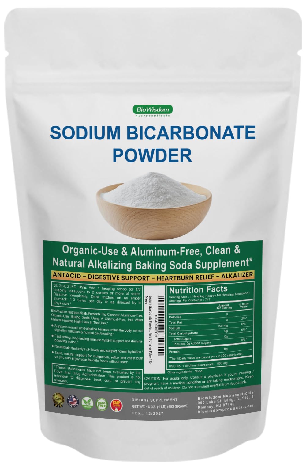 Sodium Bicarbonate Powder for Organic Use, Grade 1 Aluminum Free Baking Soda, Natural No Chemicals, Pure Powder for Cooking, Bicarbonato De Sodio Para