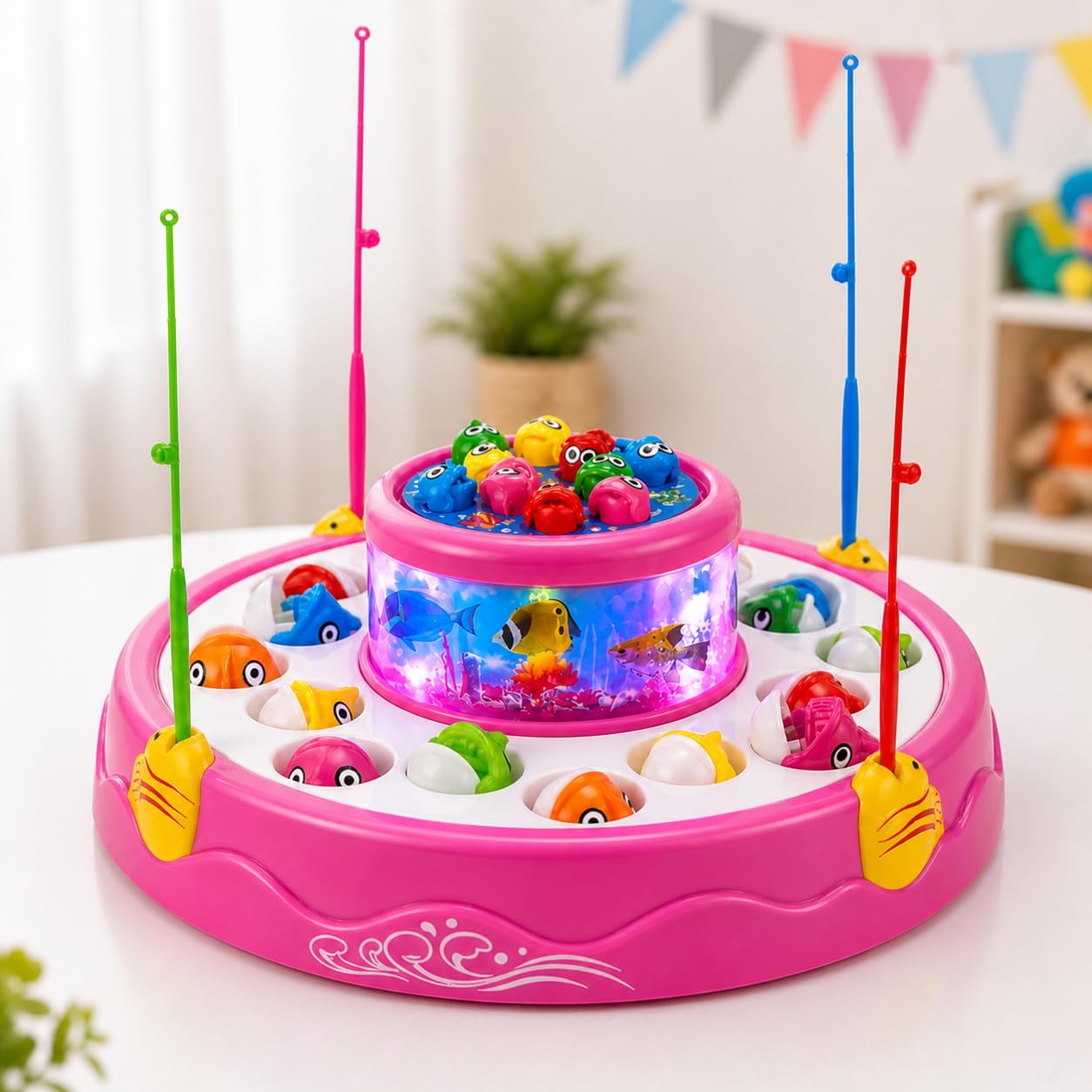 Goyal's Fish-Catching Board Game with 26 Pieces Fishes, 2 Rotary Ponds and 4 Pods with Music & Light Function (Pink)-image-10