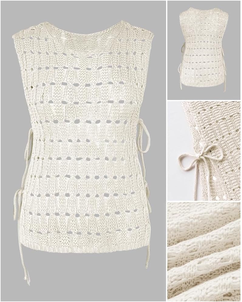 CHICME Womens Sweater Vests Knit Sleeveless Side Tie Crochet Top Fall Crewneck Hollow Out Beach Tank Cover Ups - Image 6