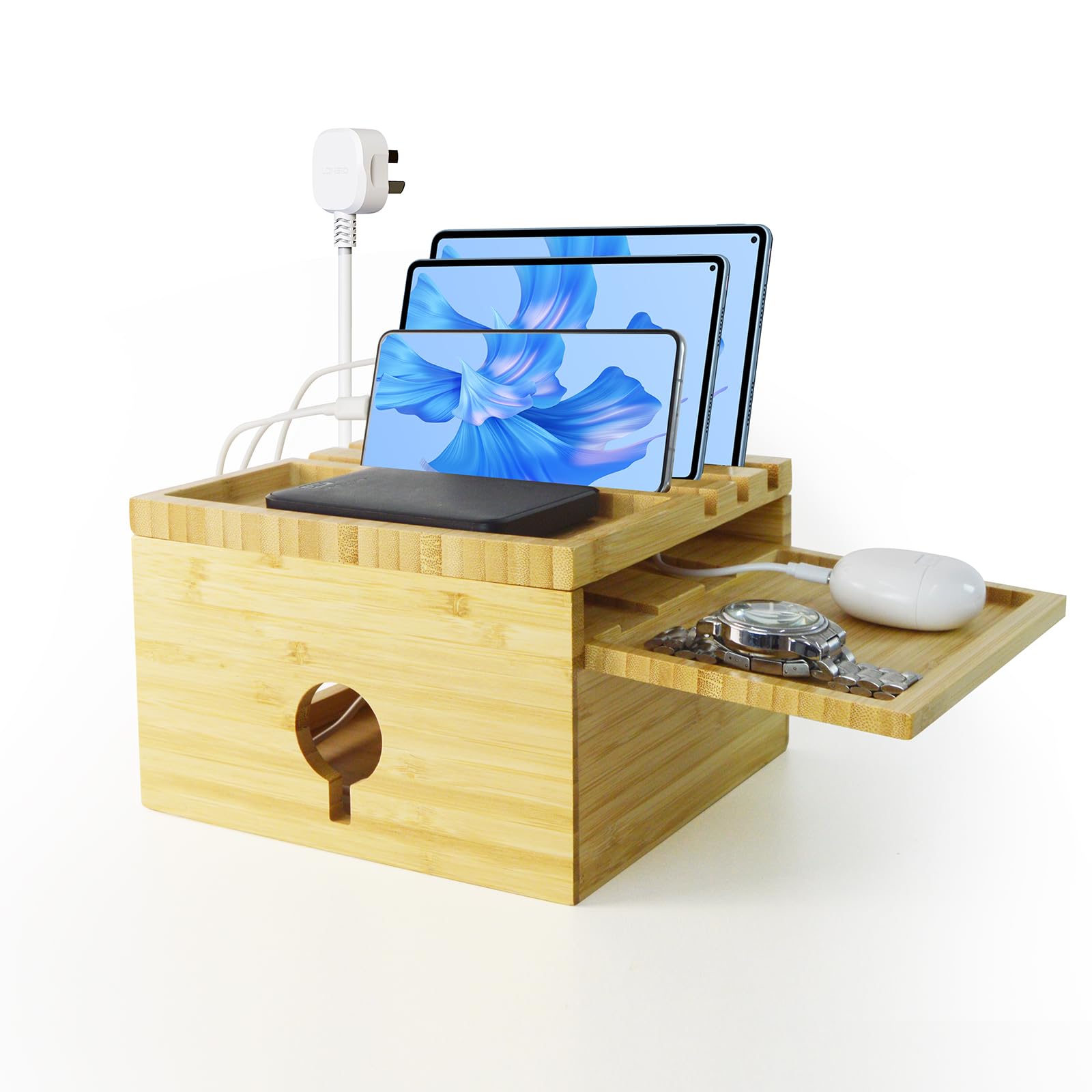 PerFecYee Bamboo Device Charging Station Organizer - Home Charging Station with Pull Out Divider and Cell Phone Tray, Power Plate Device Organizer
