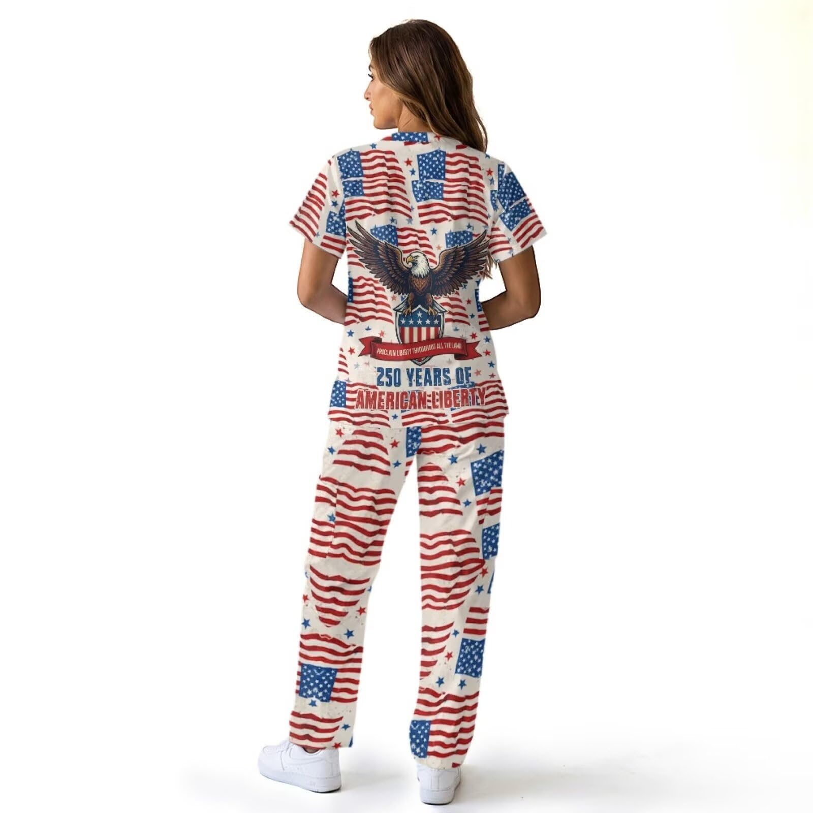 250th Anniversary USA Scrubs Set Women with Tall Scrub Pants Eagle American Flag Scrub Tops for Women Medical Assistant Accessories