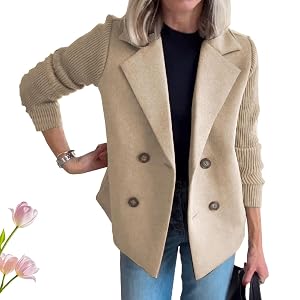 Sweater Blazers for Women Lapel Button Knitted Patchwork Sleeve Coat Cropped Trench Coat with Pocket Suit Jacket