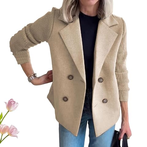 Sweater Blazers for Women Lapel Button Knitted Patchwork Sleeve Coat Cropped Trench Coat with Pocket Suit Jacket