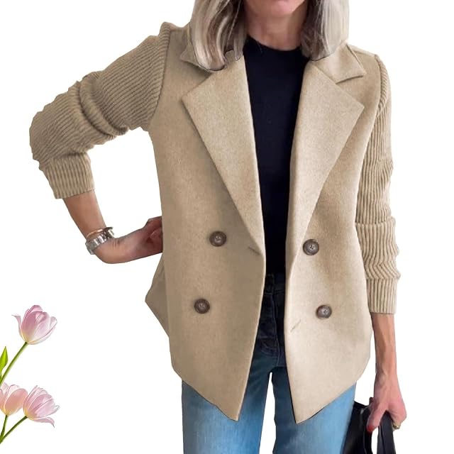 Sweater Blazers for Women Lapel Button Knitted Patchwork Sleeve Coat Cropped Trench Coat with Pocket Suit Jacket