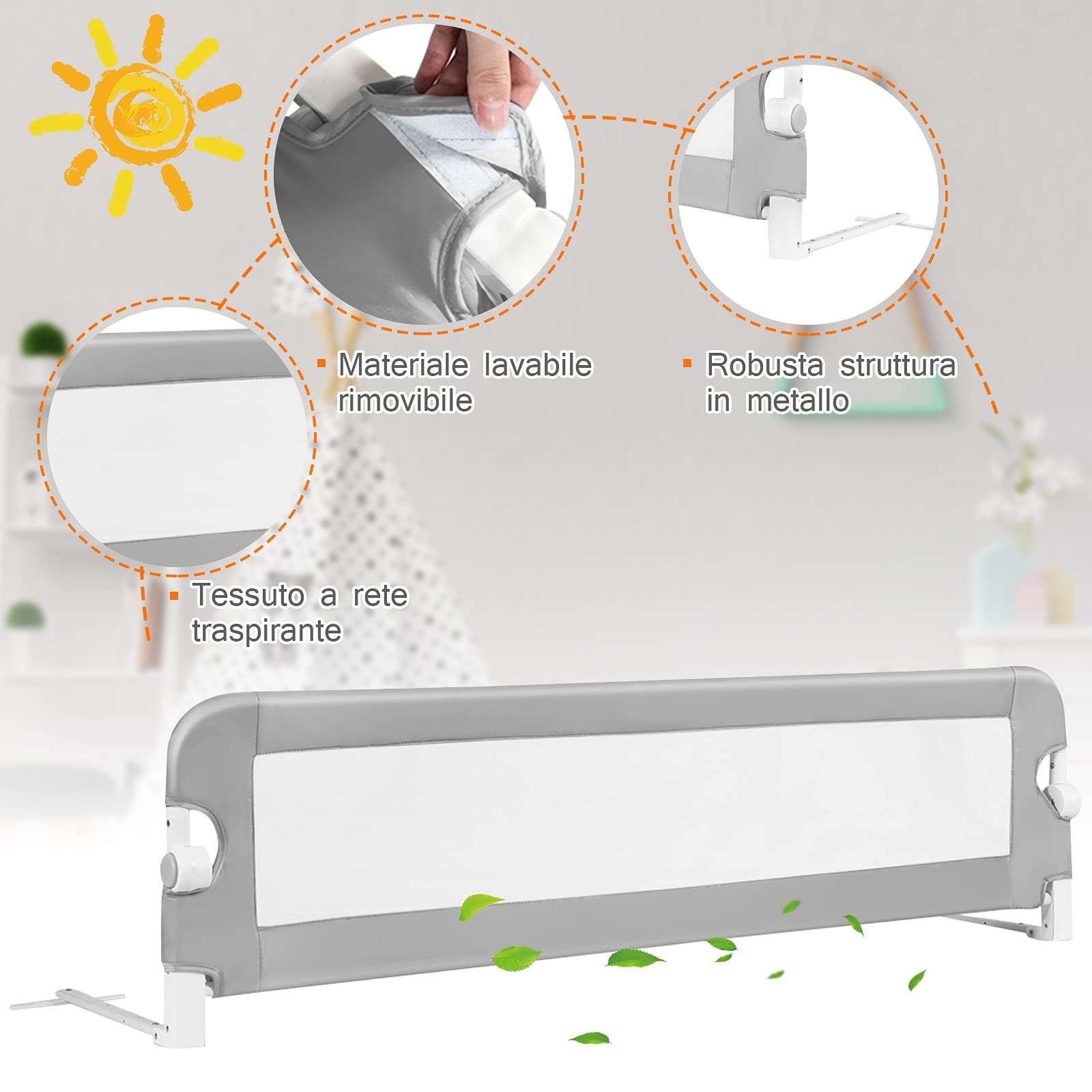 GYMAX Sponda del Letto per Bambini, Paracolpi Barriera di Sicurezza Pieghevole per Lettino, Letto Singolo Matrimoniale Queen King (Grigio, 105 x 38 x 43 cm)