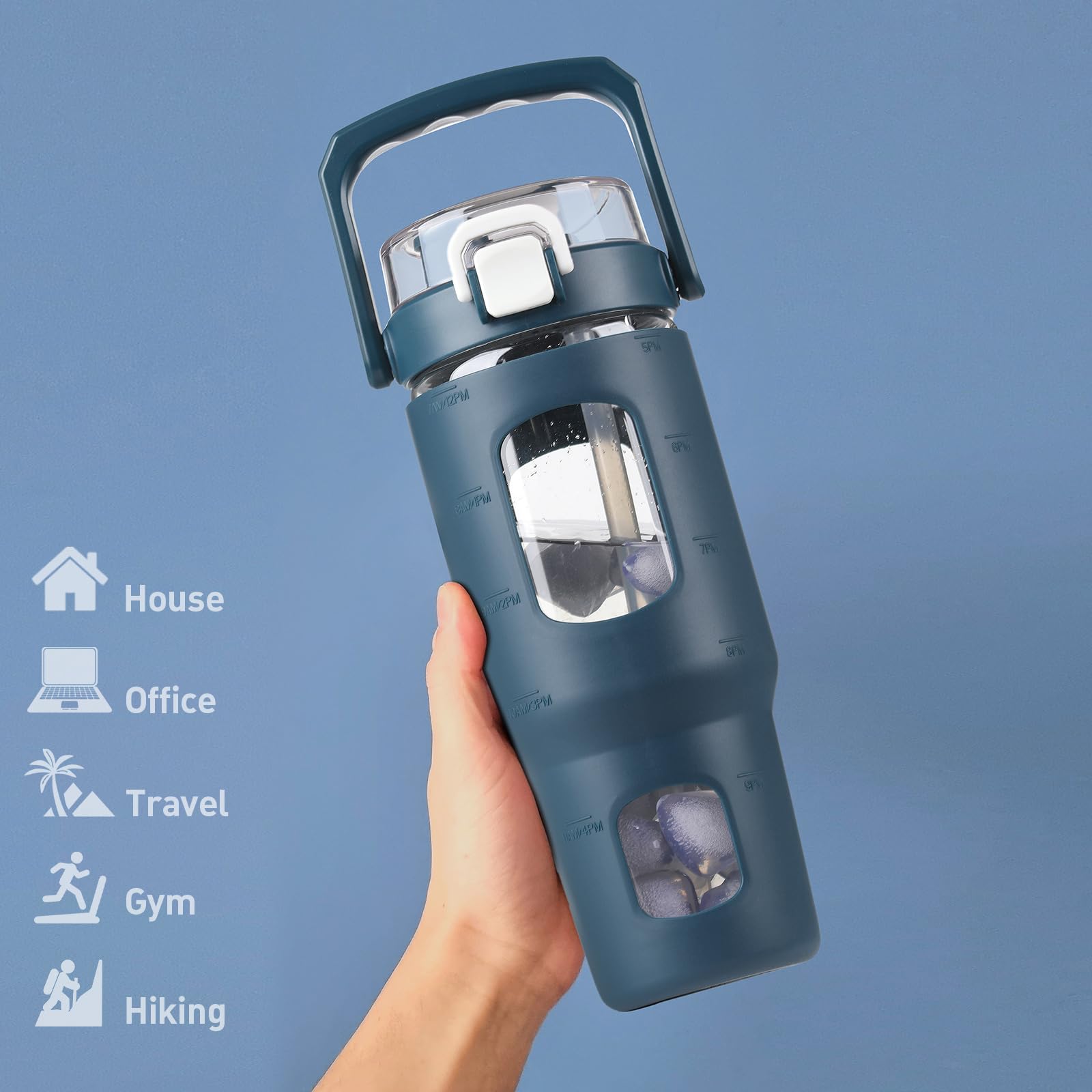 BLUEGO Bouteille d'eau en verre de 950 ml avec poignée et paille – Bouteille de sport étanche avec marqueur de temps et manchon en silicone – Bouteille en verre pour voyage, salle de sport,