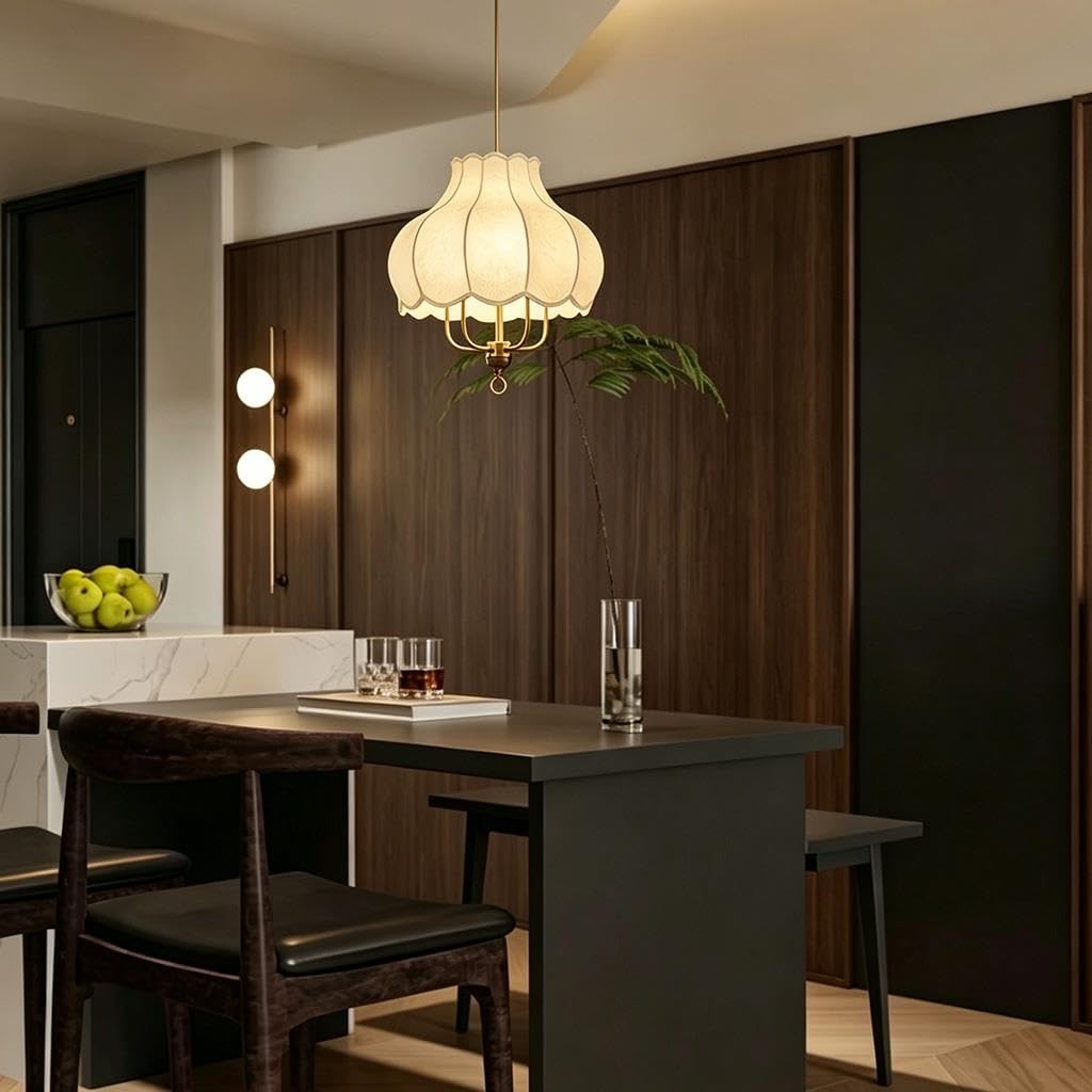 Design vintage francese a petali Plafoniera e dettagli in tessuto in stile cinese Lampada a soffitto Bianco sporco Ferro Altezza regolabile E27 lampadina non inclusa camere letto sale