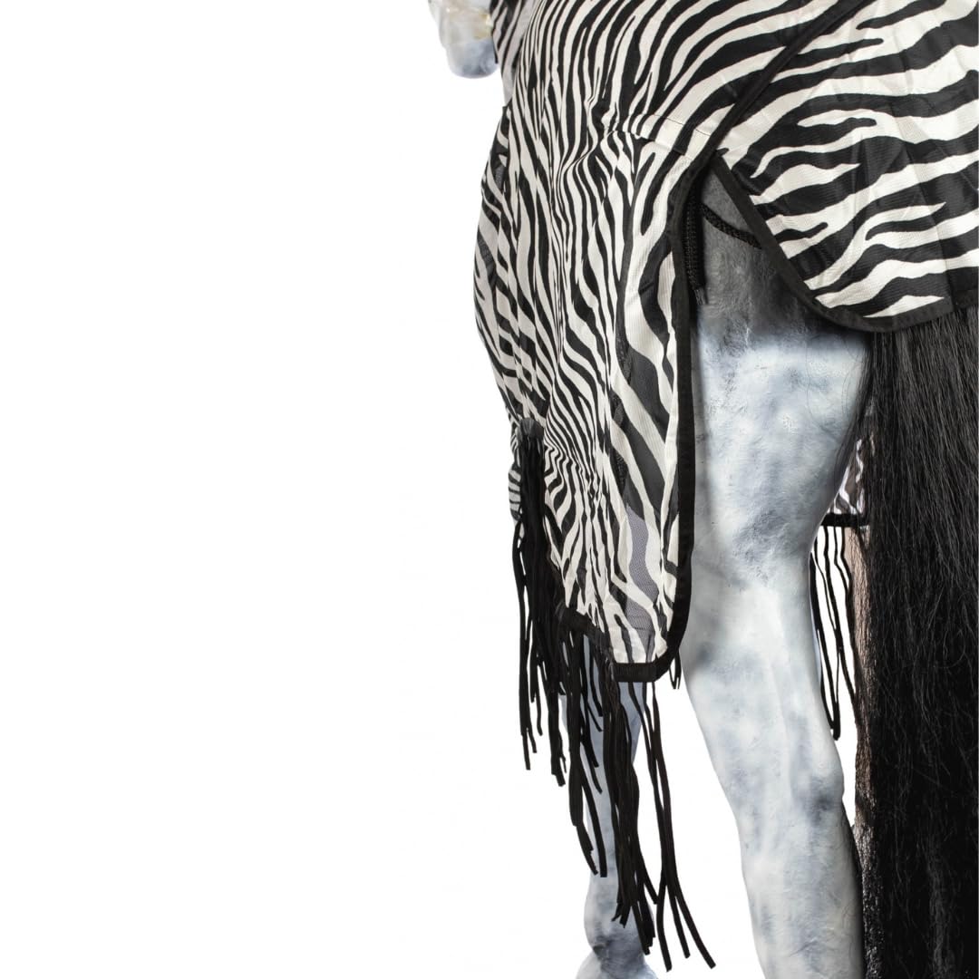 Marengos Zebra Fliegenausreitdecke mit Fransen Pferdedecke Sattelausschnitt Halsteil Insektenschutz feinmaschig Fliegendecke Outdoor Schwarz/Weiß 155 cm