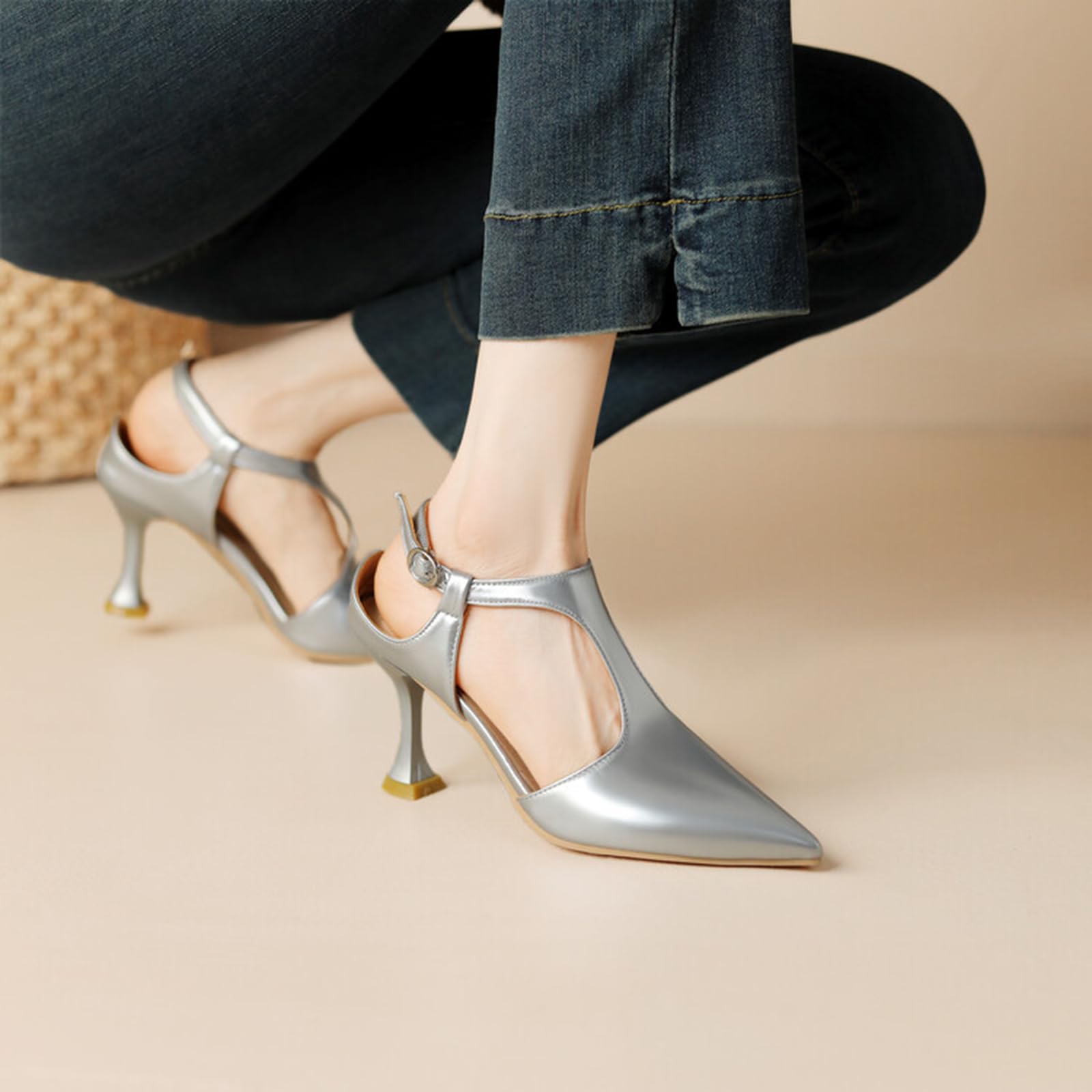 7CM Scarpe con Tacco a Kitten Slingback da Donna, Chiuse a Punta per Matrimoni, Feste e Abiti