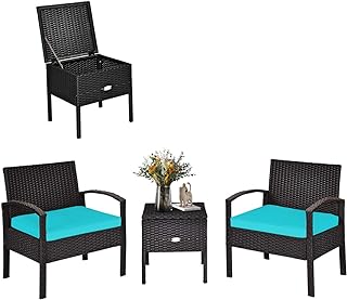 Tangkula 3 Pieces Patio Wicker Conversation Set, Outdoor Rattan Furniture with Washable Thick Cushion & Coffee Table w/Storage Space, Patio Furniture Set for Backyard Porch Garden Poolside (Turquoise)