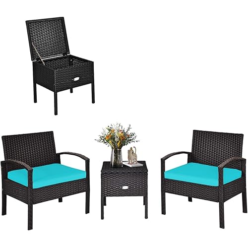 COSTWAY Rattan Patio Furniture Set 3 Pieces, Wicker Conversation Set with Tempered Glass Coffee Table, Seat Cushions, Outdoor Chair Wicker Sofa for Backyard Balcony Porch Poolside, Turquoise