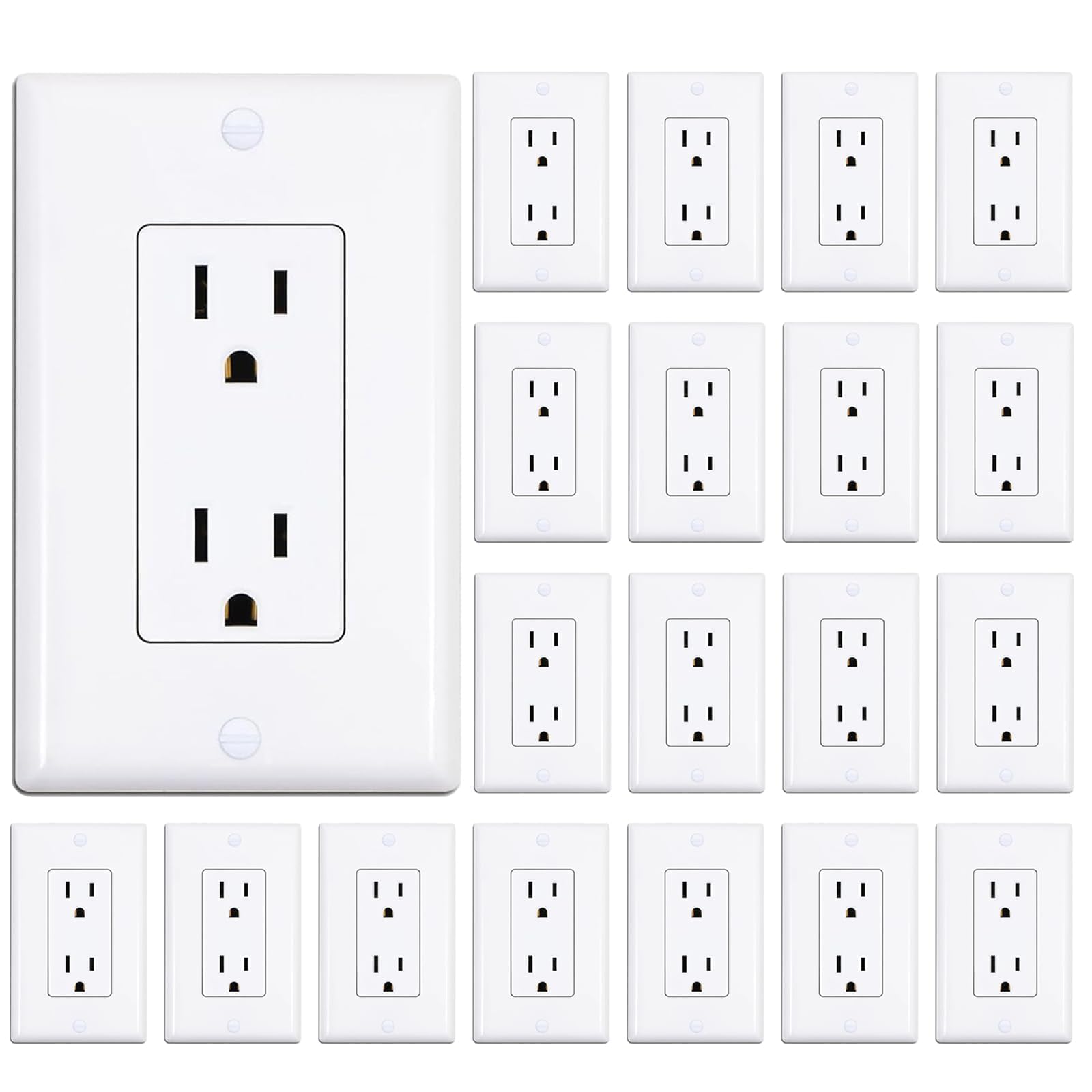 ThunderWay Decorator Receptacle Outlet with Wall Plate, Non-Tamper-Resistant Electrical Outlet, 15 amp Outlet, Self-Grounding, UL Listed, White (20 Pack)