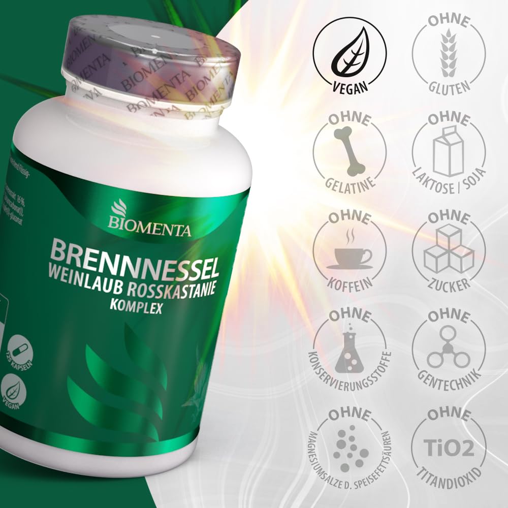 BIOMENTA Brennnessel + Weinlaub + Rosskastanie Komplex hochdosiert - 125 Kapseln synergetisch ergänzt mit Birkenblatt, Kupfer und Mangan - vegan - Premiumqualität