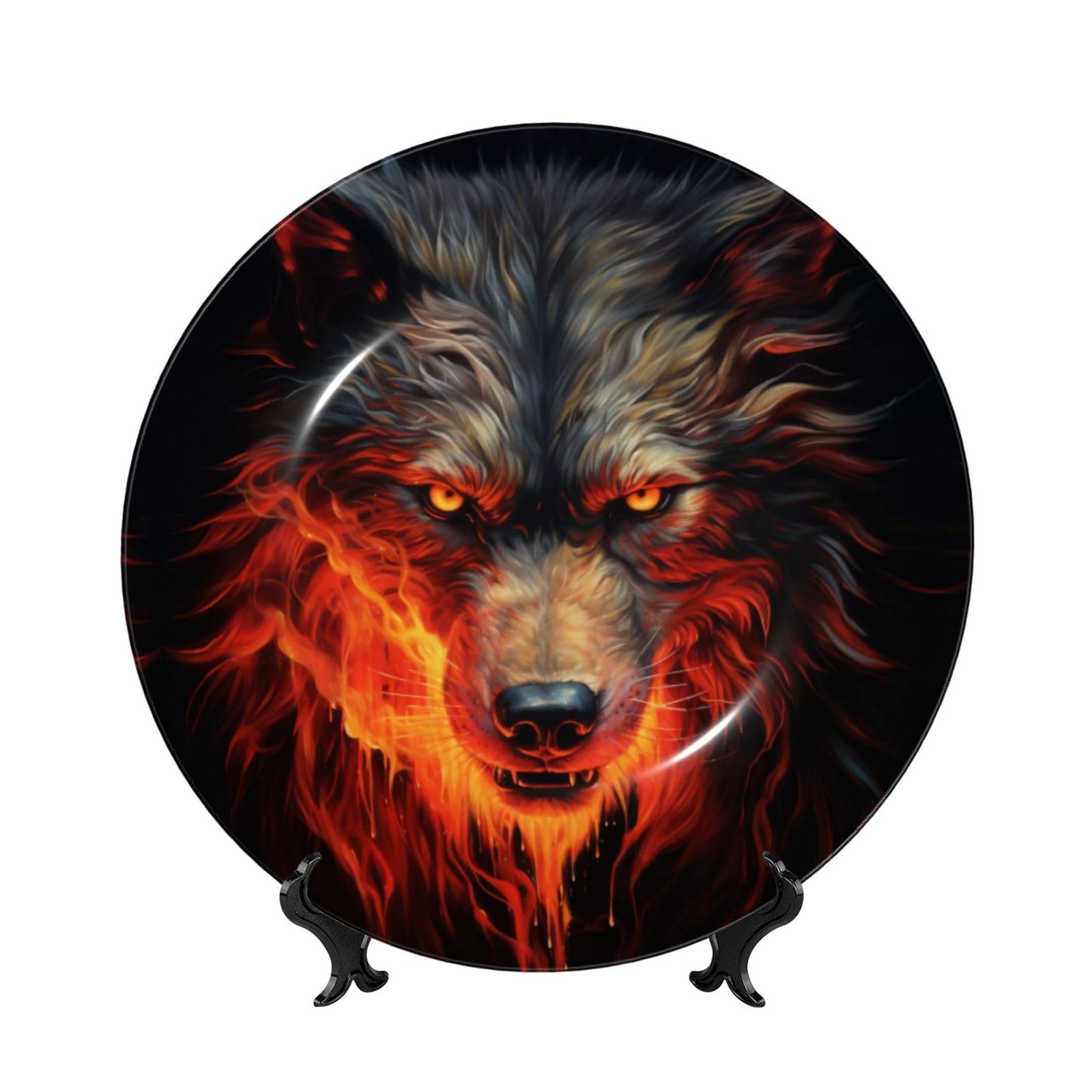 SXZVVBN Red Wolf and Fire Bone China Decorative Plate Art with Stand Removable Adhesive Hanging for Home Office 8in（20cm）