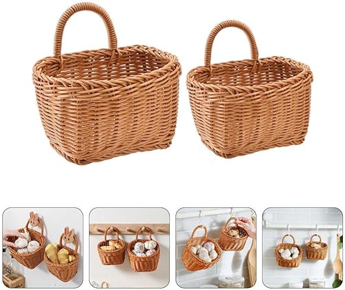 Miniatura 9 de ABOOFAN Cesta colgante de ratán, 2 unidades, cestas de pared tejidas con ganchos montados en la pared, contenedor de almacenamiento de frutas y