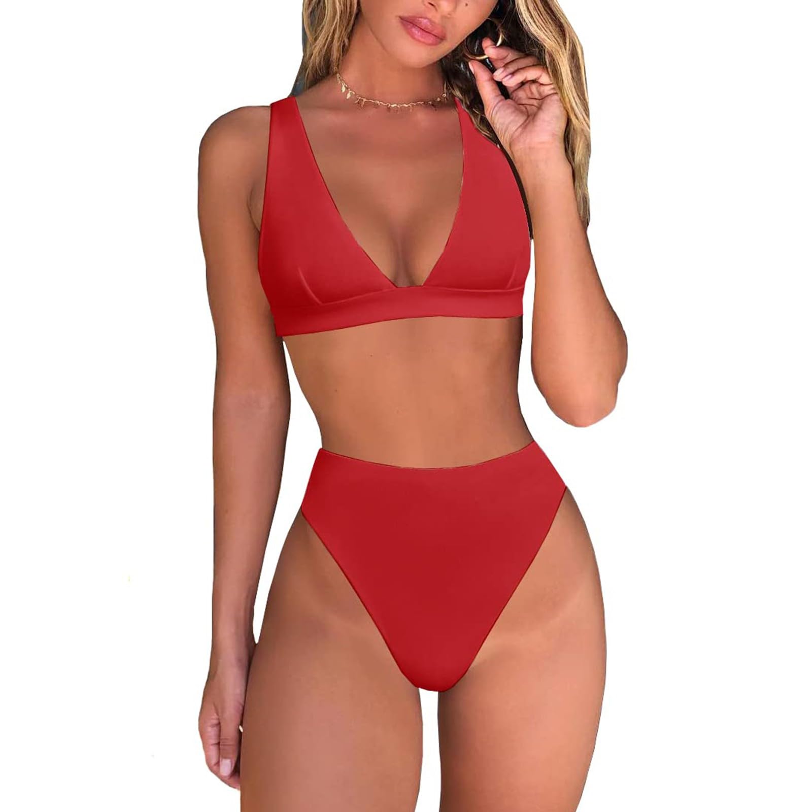 Conjunto De Bikini Tanga for Mujer, Traje Baño Dos Piezas con Parte Superior Triángulo Brasileño Sexy Cuello En V Profundo, Trajes, Negro, L