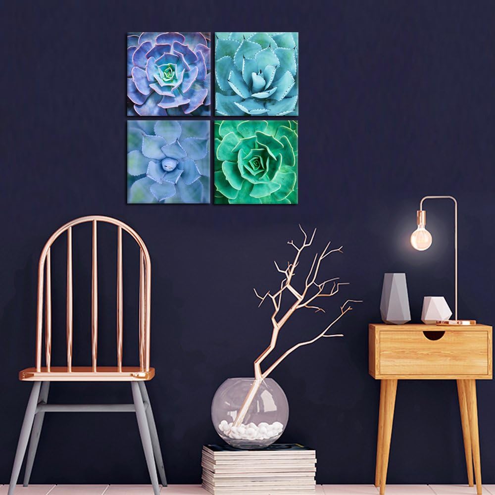 iKNOW FOTO Canvas Set of 4 Wall Art Green Blue Succulent Plant Pictures Giclee Prints Botanical Photography Gallery Wrap Modern Home Decor Ready to Hang 12x12inchx4pcs