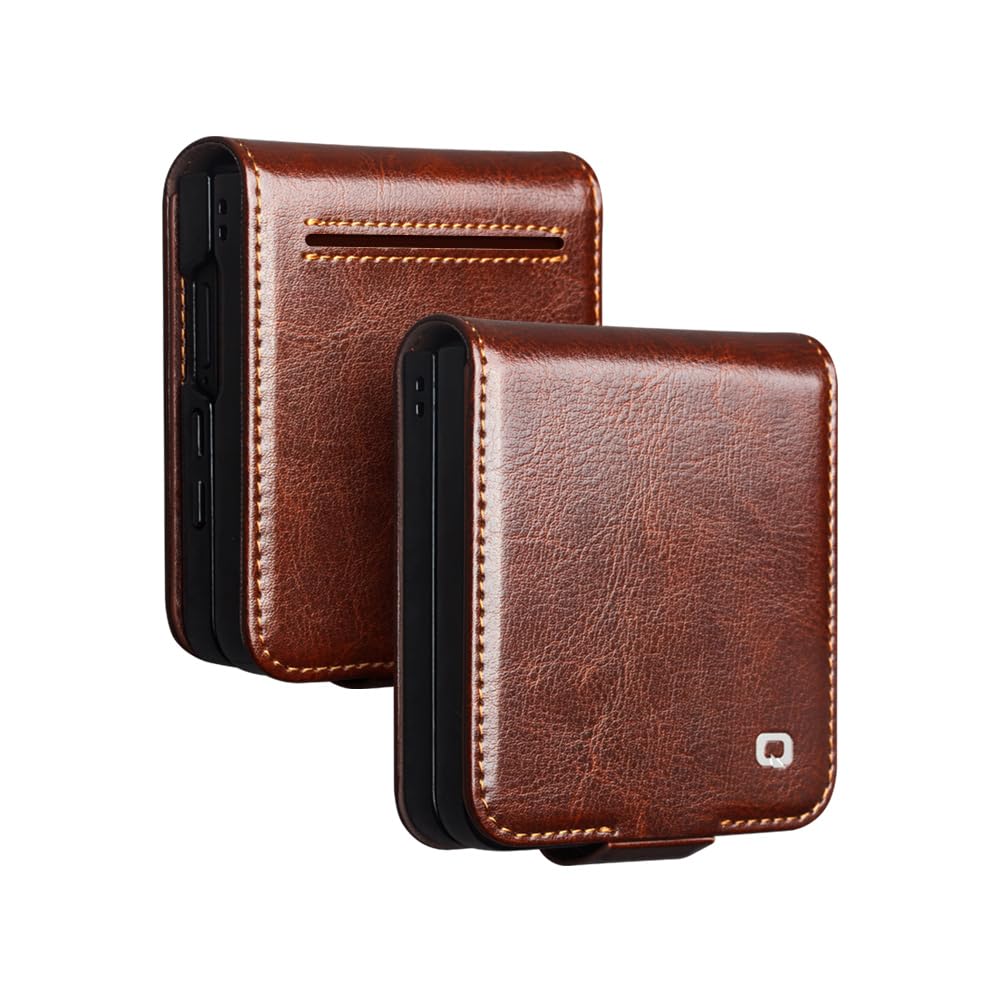fake action Natural Genuine Leather Case for Samsung Galaxy Z Flip 7 5G Premium Cowhide Luxury Wallet Magnetic Buckle Cover (Brown)