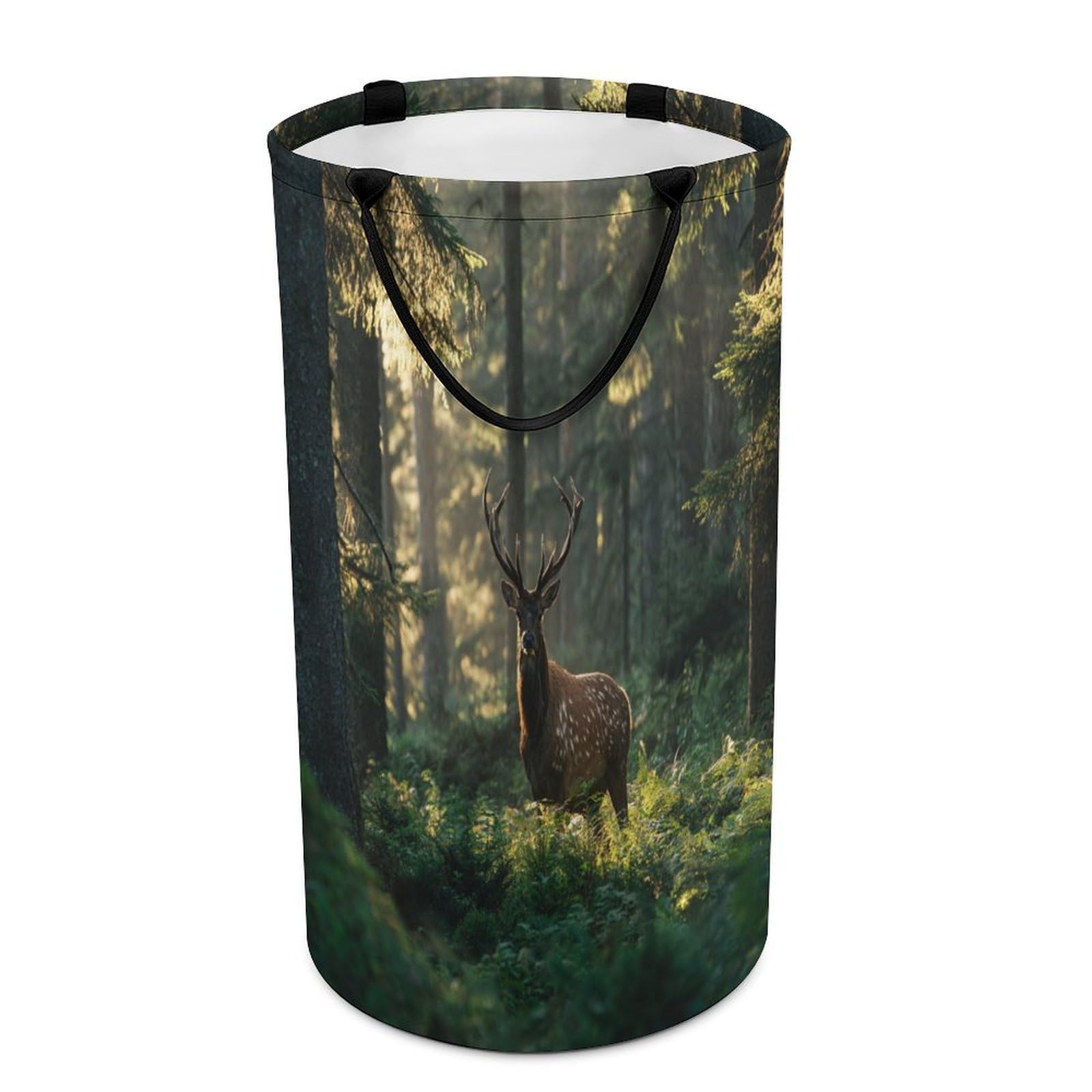 LUYYSKY Rustic Watercolor Animal Collapsible Dirty Clothes Basket, Colorful Realistic Natural Botanical Forest Wildlife Elk Pattern Portable Clothes Storage Basket