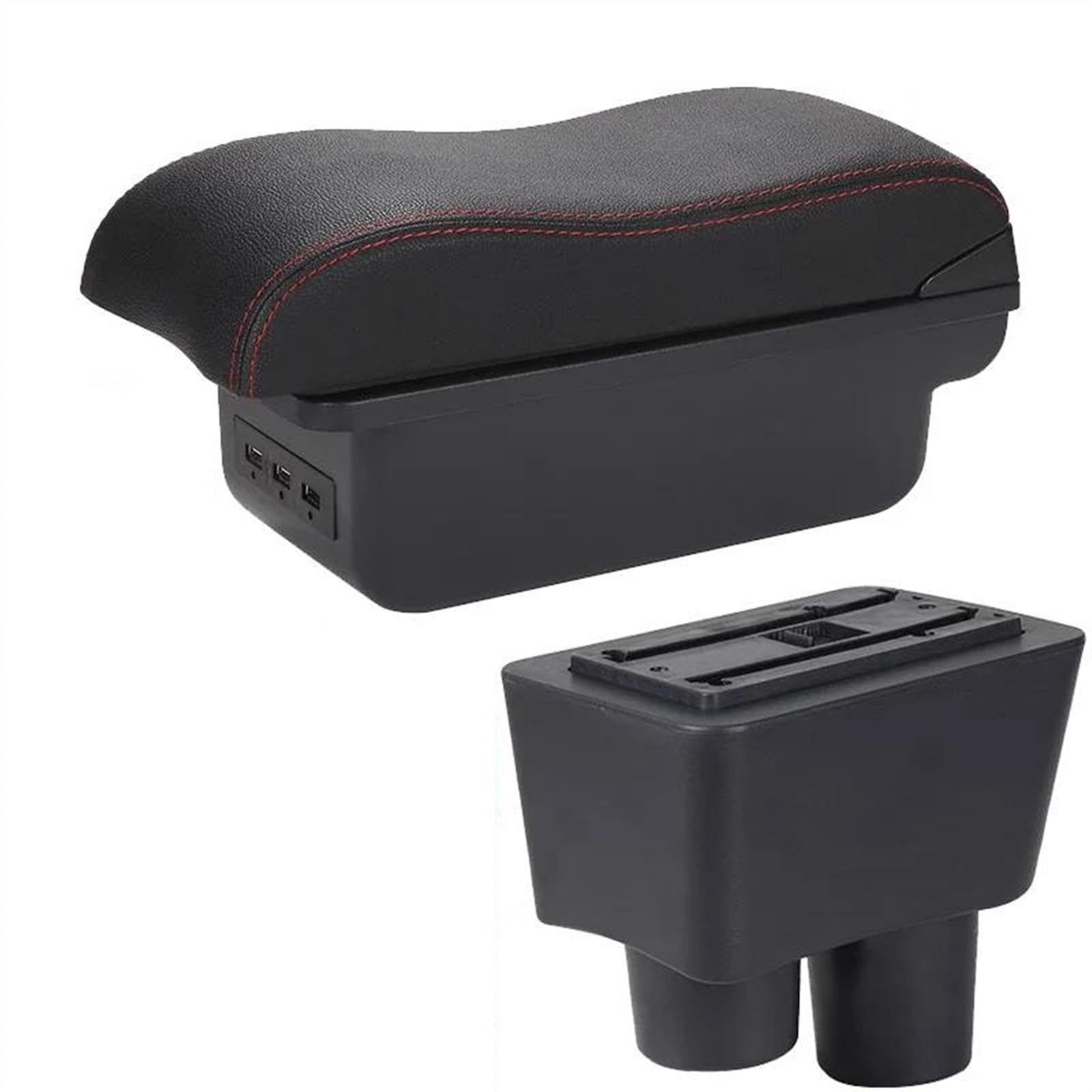 NOHEEU Armrest Box With Multifunctional Support PU Upholstered Car Interior Modification Accessories For Almera For Versa(B1 Black red 3USB)
