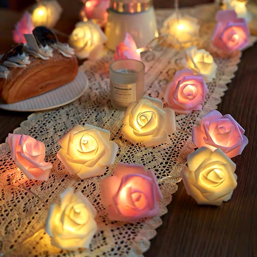 MUCHER Rose Fairy String Lights 3M 20 Indoor Decorative Flower String Fairy Lights with Timer Blossom Lights for Valentine's Day Wedding Home Outdoor Anniversary Party Decorations (White & Pink)