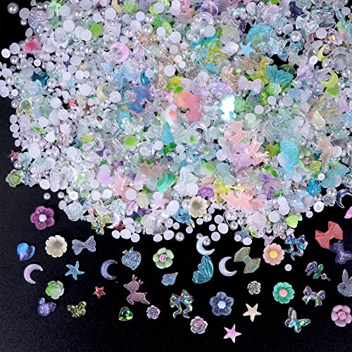 500Pcs Green Cute Nail Charms Mixed Shape Rose Flower Bear Bow Heart 3D Acrylic Charms For Nails Design Flatback Half Round White Pearls Beads For Nail Art Decoration Diy Crafts Jewelry Accessories #TOP18
