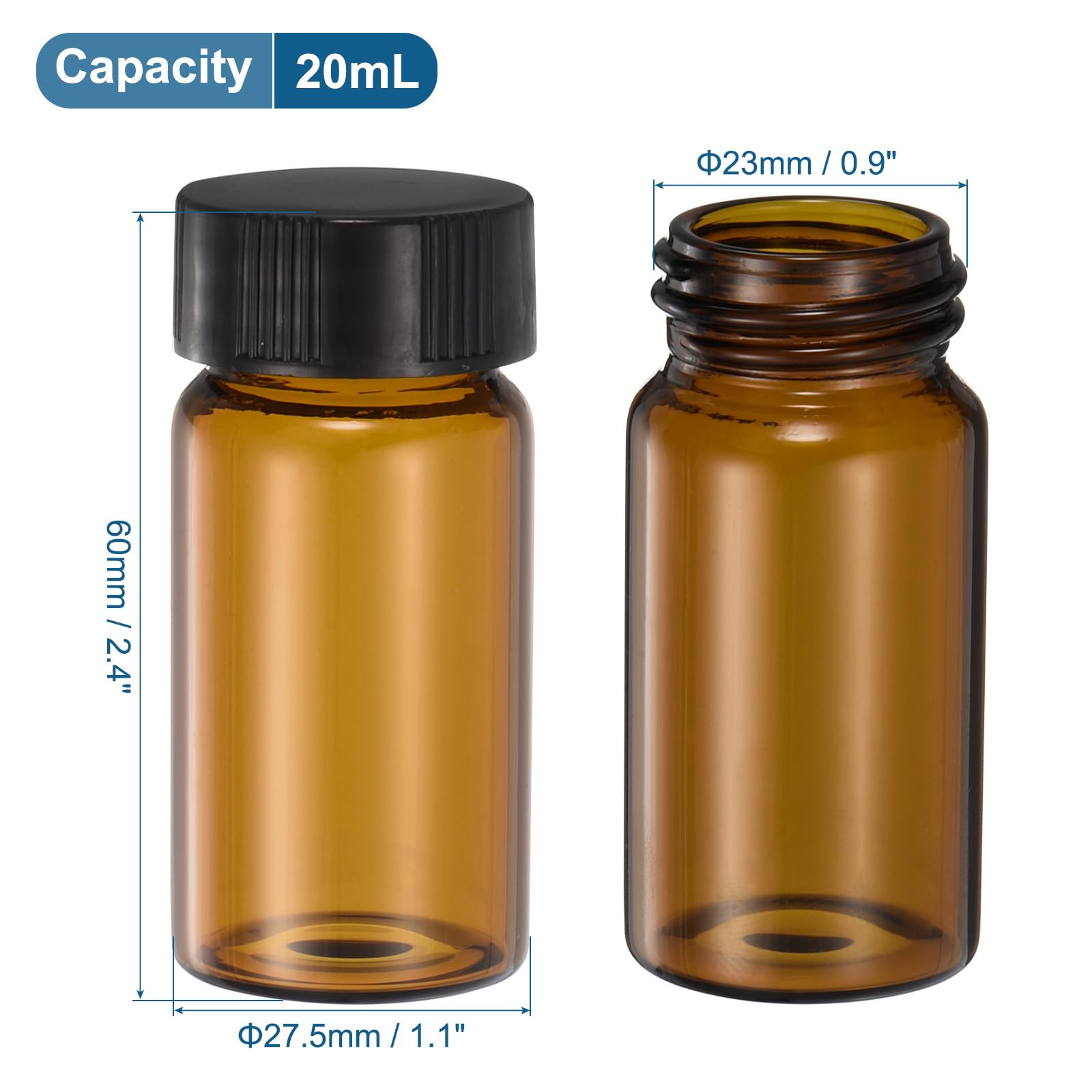 PATIKIL Fiale in Vetro Ambrato da 20 Ml, Confezione da 100 Fiale Modello con Tappo a Vite, Bottiglia per Reagenti a Tenuta Stagna, Fiale di Vetro per Campioni Liquidi per Laboratorio