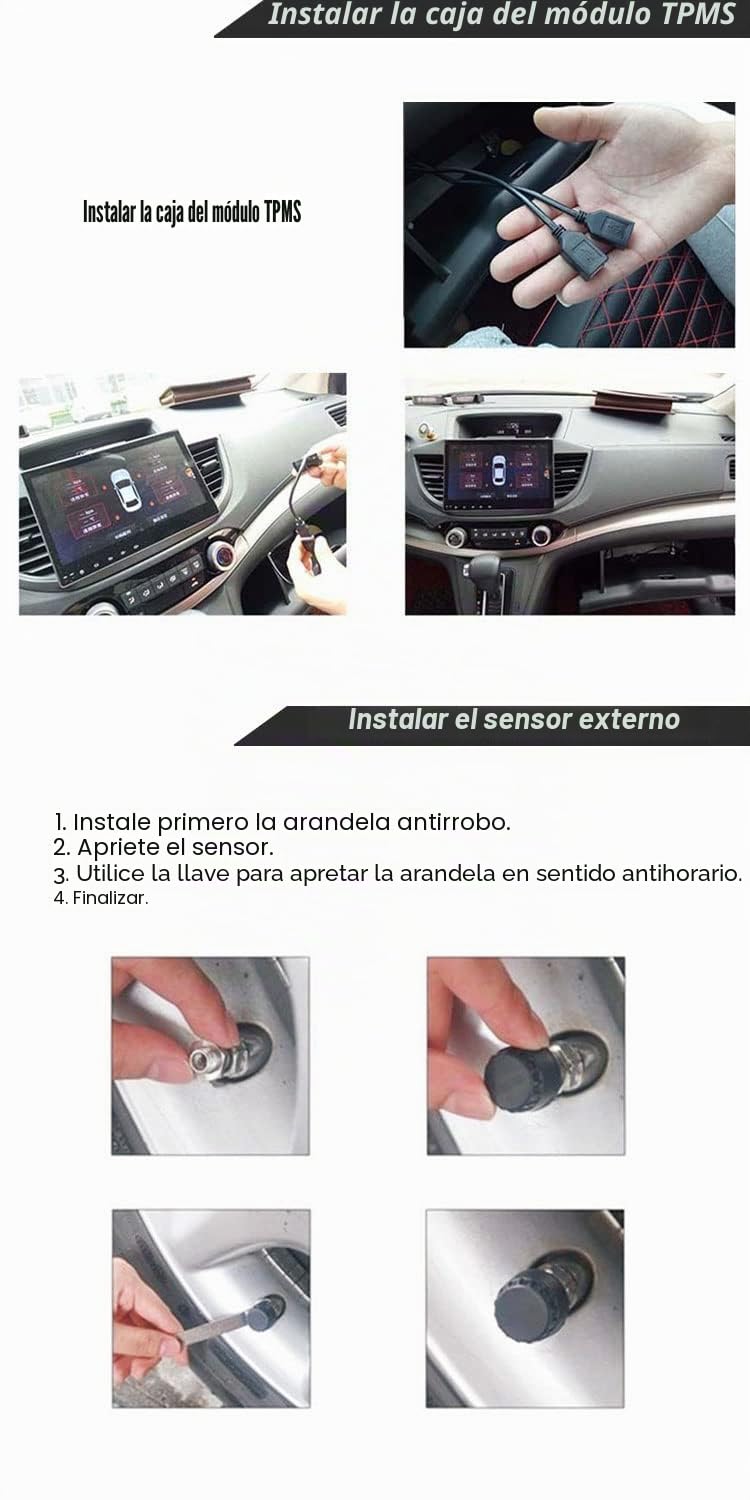 USB TPMS Módulo Presión de los neumáticos 4 Sensores para Android 9.0/10.0/11.0 o Superior Radio de Coche