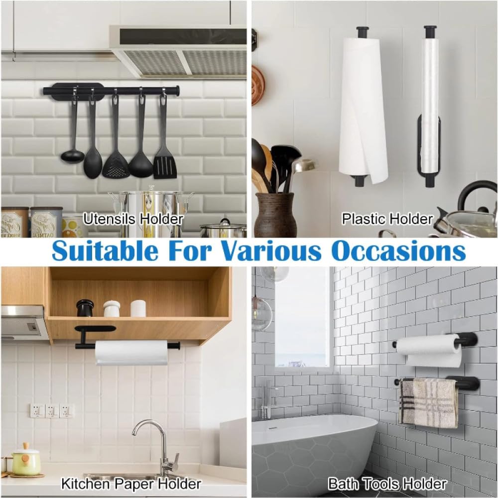 Portarrollos de papel higiénico adhesivo de acero inoxidable – Toallero de cocina montado en la pared y dispensador de servilletas negro – Organizador de pañuelos que ahorra espacio para baño y cocina