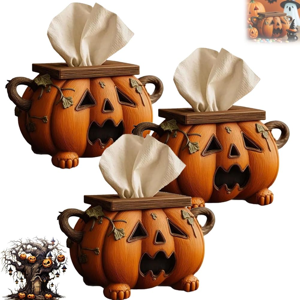 Uchwyt na pudełko na chusteczki z dynią na Halloween, rzeźbiony organizer na papier do twarzy, upiorny dozownik chusteczek do domu, łazienki, kuchni, dekoracji biura (3 szt.)