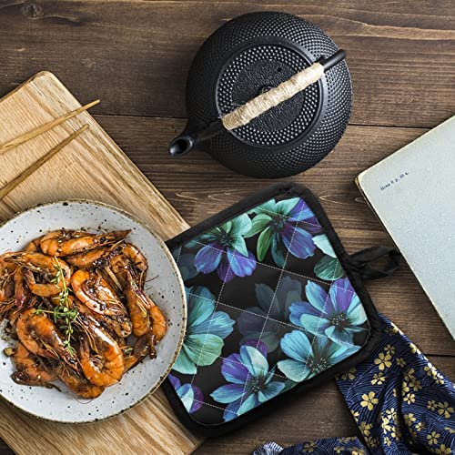 Jndtueit Aqua Flower Pot Holders For Kitchen Heat Resistant Cotton, Blooming Floral 8.2X7 Inch Hot Pot Holder 2 Set, Black Cotton Heat Terry Cloth Coaster #TOP1